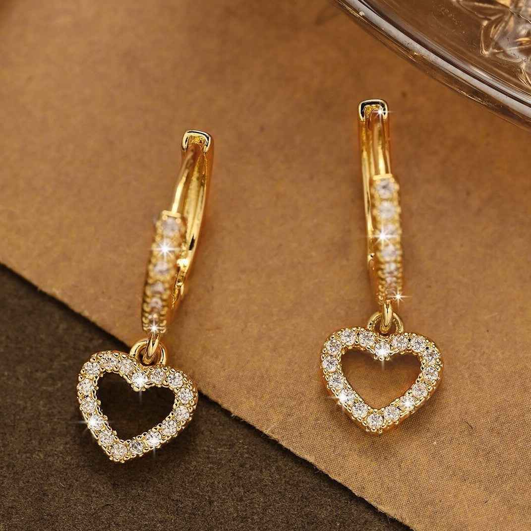 Retro Heart-Shaped Zircon Earrings in Gold or Silver – Korean Simple Style