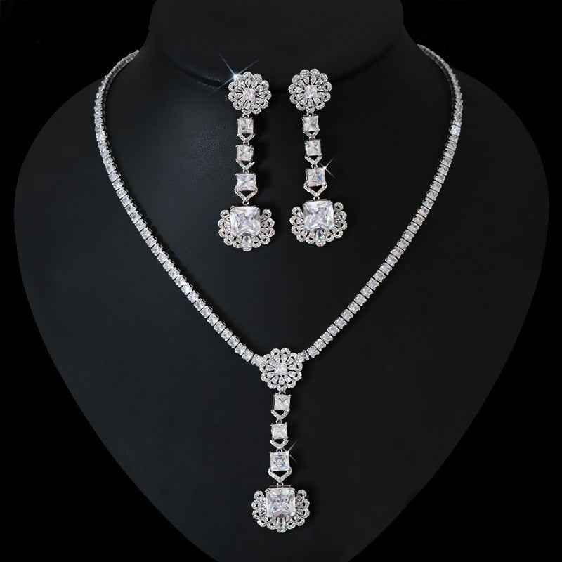 Luxury Zircon Flower Jewelry Set – Pendant Necklace & Earrings, Four Colors, Elegant Gift Set
