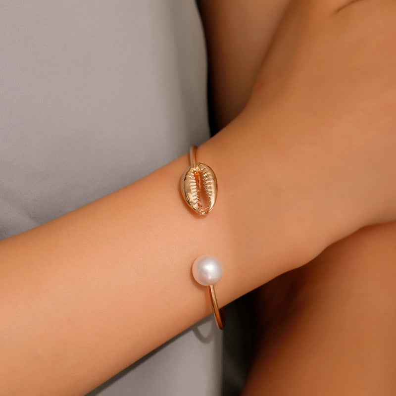 Elegant Pearl Shell Cuff Bracelet - Adjustable Alloy with Gold or White K Finish, Versatile Design