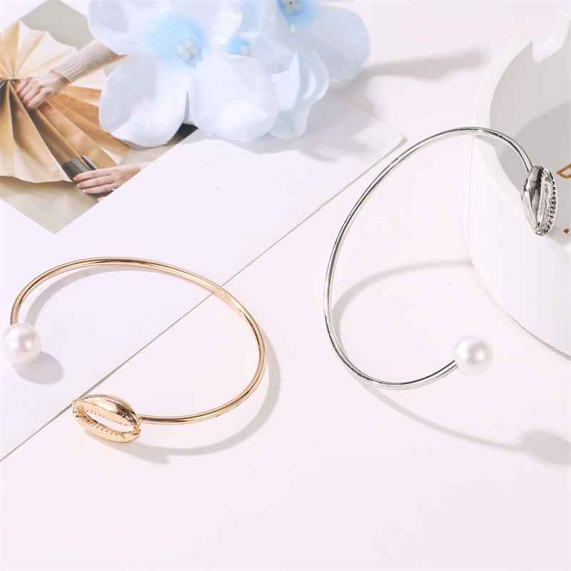 Elegant Pearl Shell Cuff Bracelet - Adjustable Alloy with Gold or White K Finish, Versatile Design