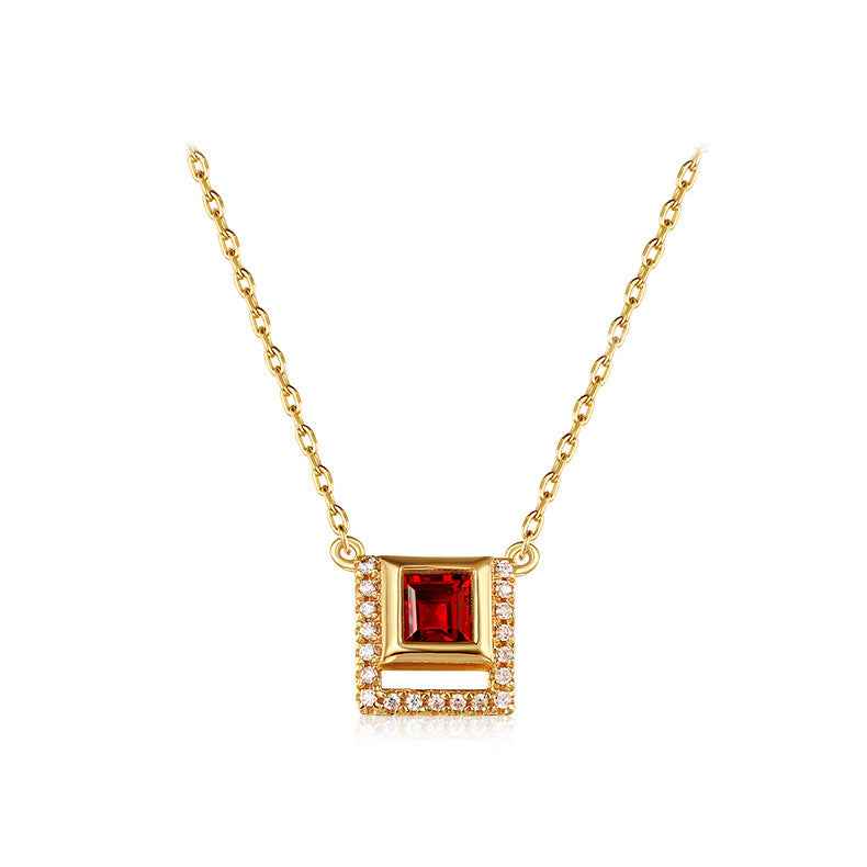 Natural Red Garnet Pendant Necklace in Gold-Plated S925 Sterling Silver with Adjustable Chain