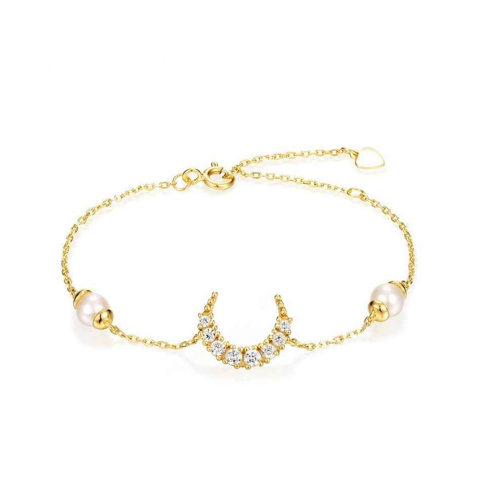 Korean-Style Pearl Bracelet with Freshwater Pearls & Moon Accents - Gold-Finished Silver, Celestial Romance