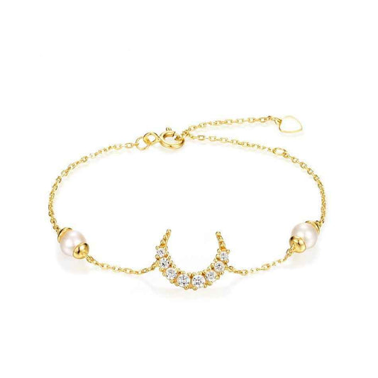 Korean-Style Pearl Bracelet with Freshwater Pearls & Moon Accents - Gold-Finished Silver, Celestial Romance