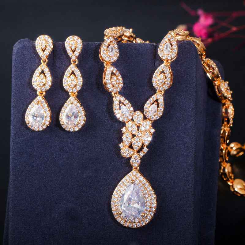 Long Water Drop Zircon Jewelry Set – Luxury Gold-Plated Necklace, Earrings & Bracelet, 3-Piece Set