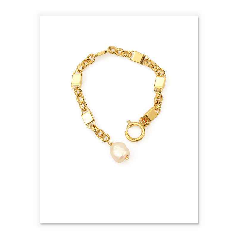 Chunky Gold Chain Bracelet with Natural Pearl Pendant - Trendy Geometric Statement Piece