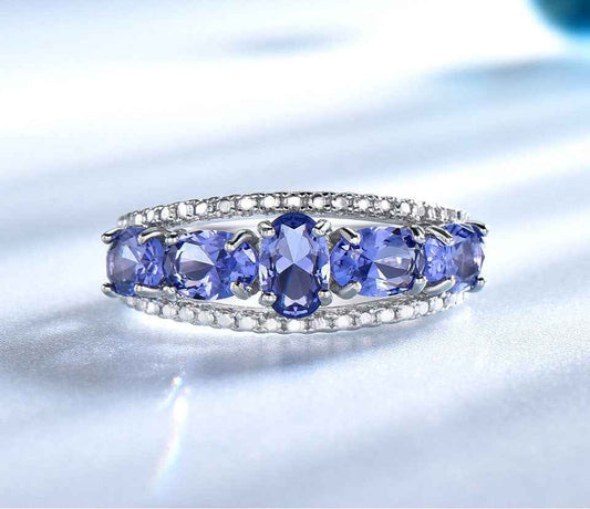 Egg-Shaped Sapphire Tanzanite Ring - Elegant Silver Electroplated Blue Gemstone Oval Jewelry for Women