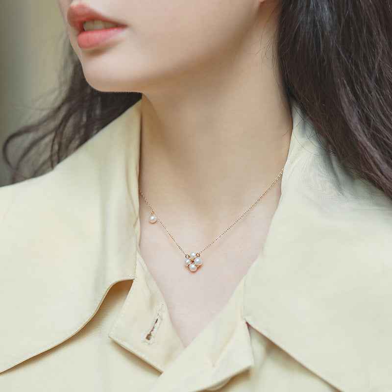 Natural Freshwater Pearl Necklace with 14K Gold-Plated Clover and Mother of Pearl Pendant, Adjustable Length