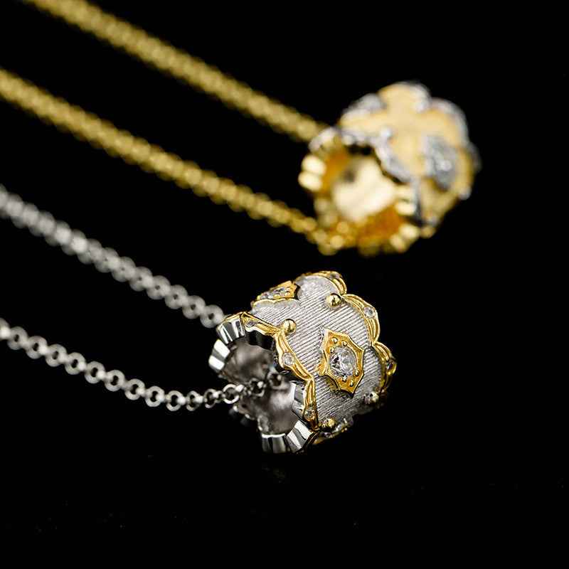 Fine Brushed Plant Flower Necklace with Zircon Accent, Adjustable Chain in Silver or Gold Finish