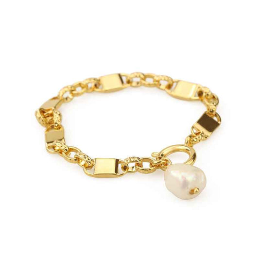 Chunky Gold Chain Bracelet with Natural Pearl Pendant - Trendy Geometric Statement Piece