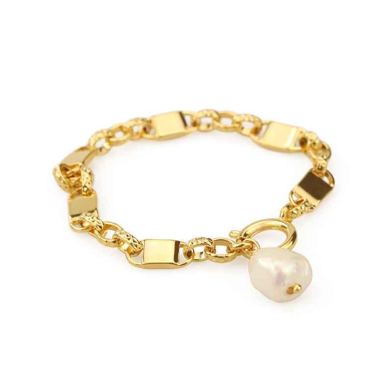 Chunky Gold Chain Bracelet with Natural Pearl Pendant - Trendy Geometric Statement Piece