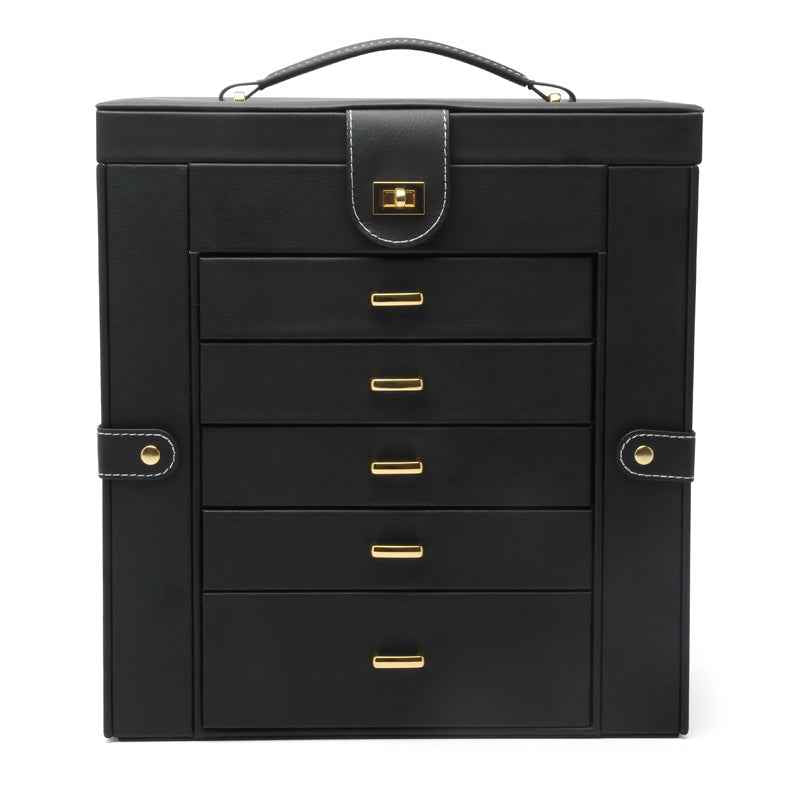 Oversized Leather Jewelry Box with Multi-Drawers, Large Capacity Organizer, Glass Mirror & Gold Handles