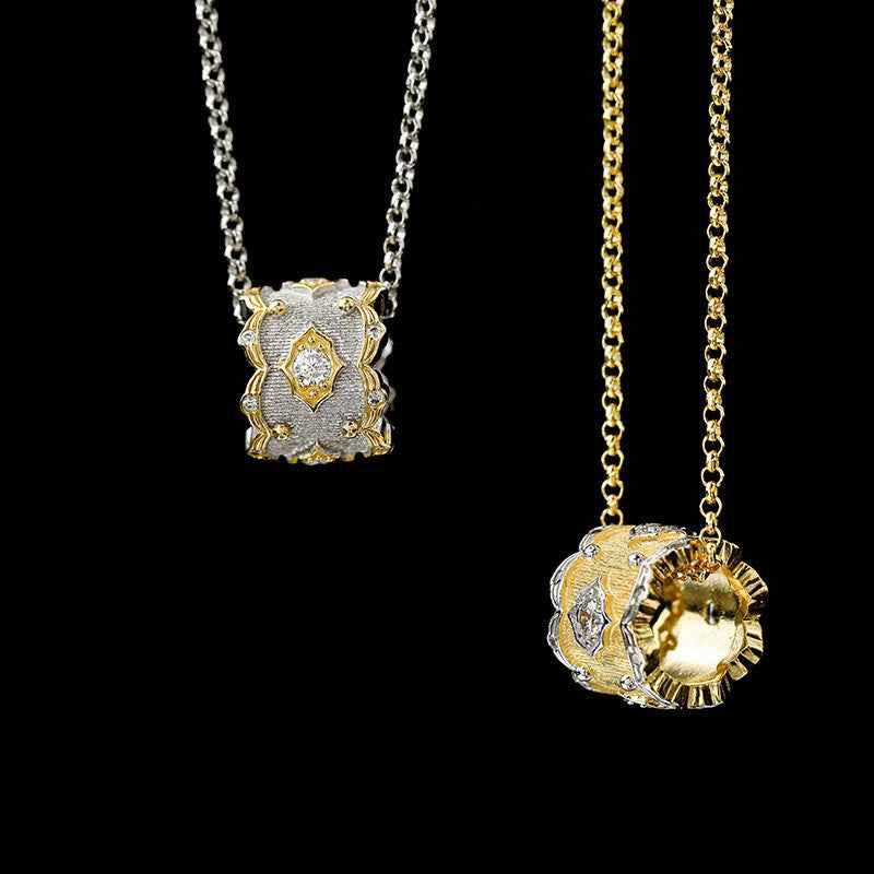 Fine Brushed Plant Flower Necklace with Zircon Accent, Adjustable Chain in Silver or Gold Finish