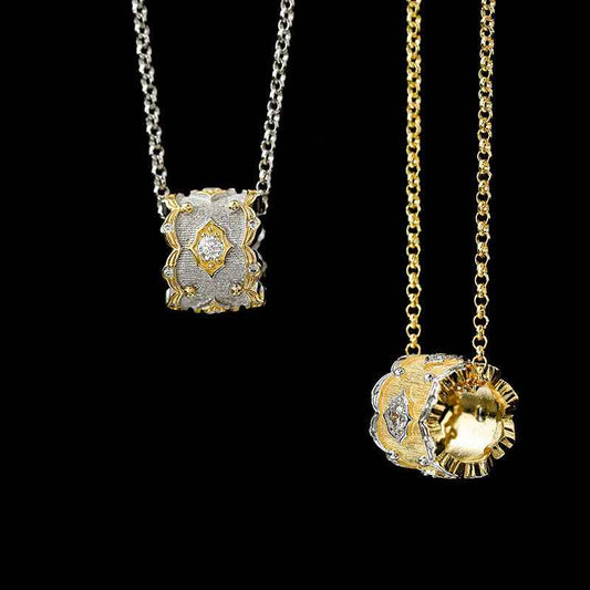 Fine Brushed Plant Flower Necklace with Zircon Accent, Adjustable Chain in Silver or Gold Finish
