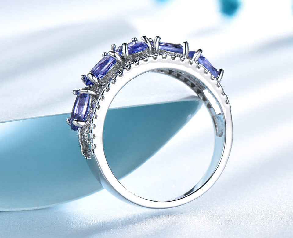 Egg-Shaped Sapphire Tanzanite Ring - Elegant Silver Electroplated Blue Gemstone Oval Jewelry for Women