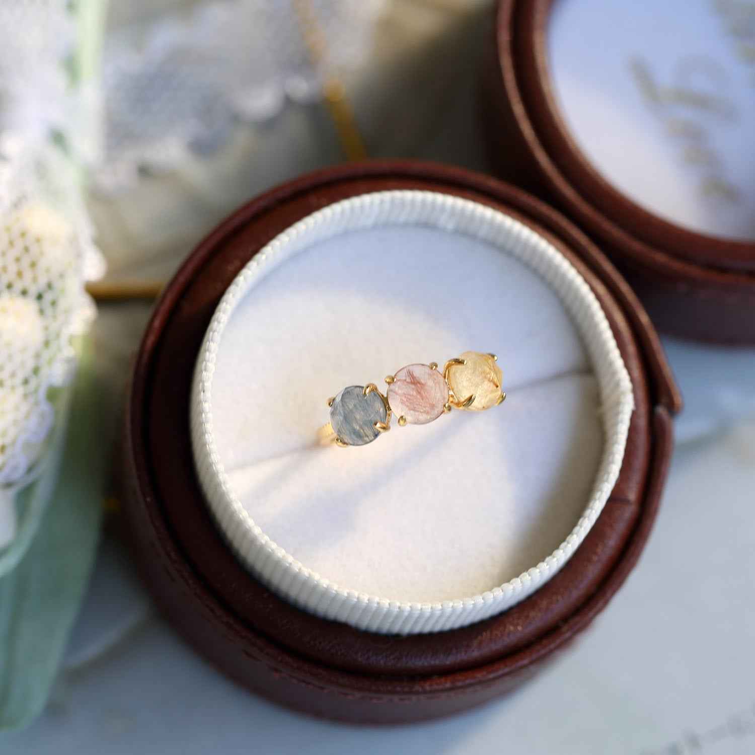 Raw Rutilated Quartz Trilogy Ring - Unique Raw Rutilated Quartz Ring for Statement Jewelry