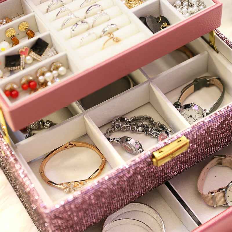 Sequin Leather Jewelry Storage Box - Large Lockable Organizer for Daily and Travel Use