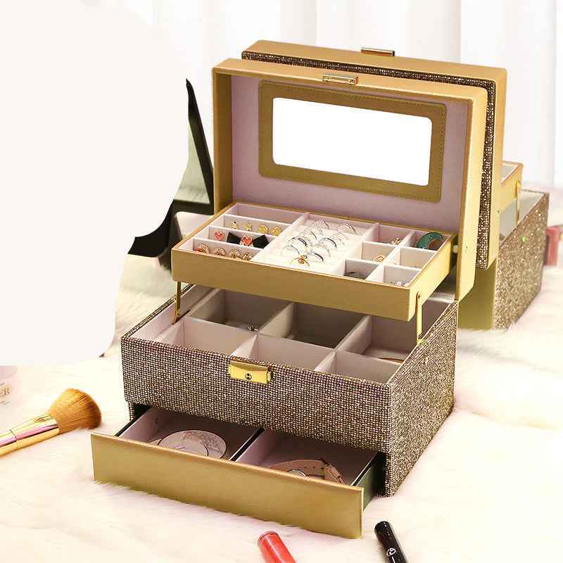 Sequin Leather Jewelry Storage Box - Large Lockable Organizer for Daily and Travel Use