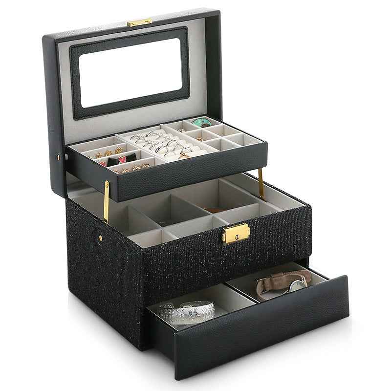 Sequin Leather Jewelry Storage Box - Large Lockable Organizer for Daily and Travel Use