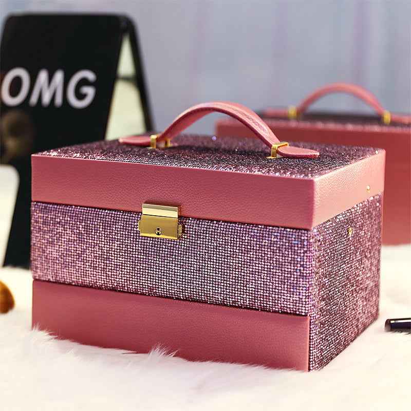 Sequin Leather Jewelry Storage Box - Large Lockable Organizer for Daily and Travel Use