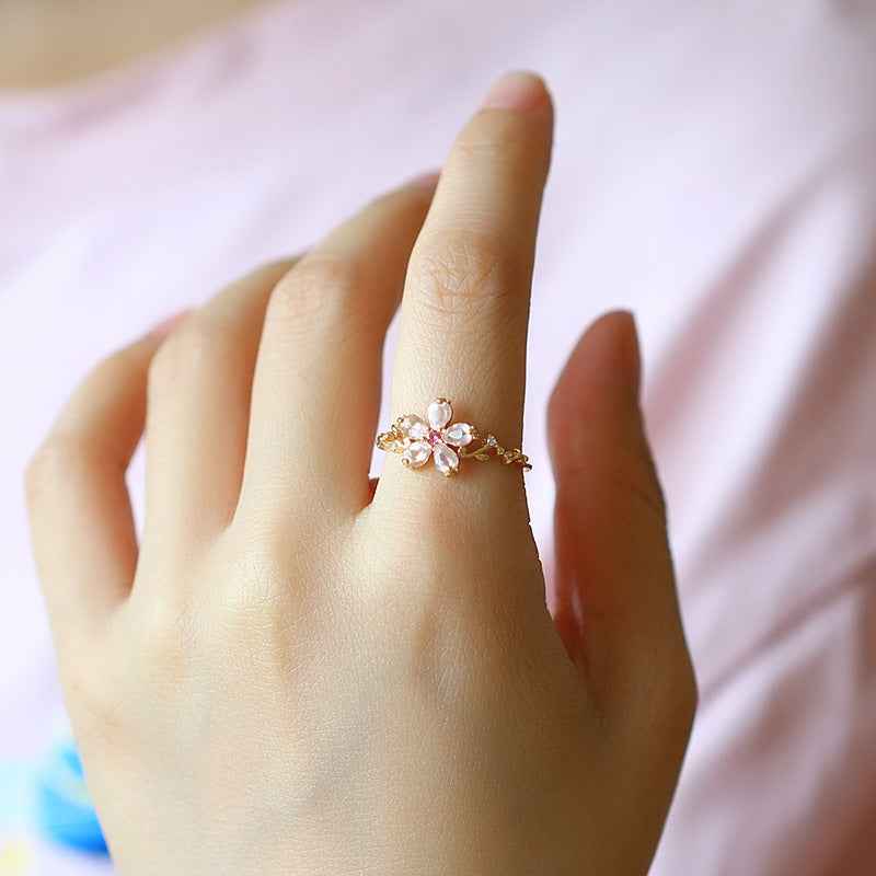 New S925 Sterling Silver Pink Crystal Ring with Gold Plated Flower Design