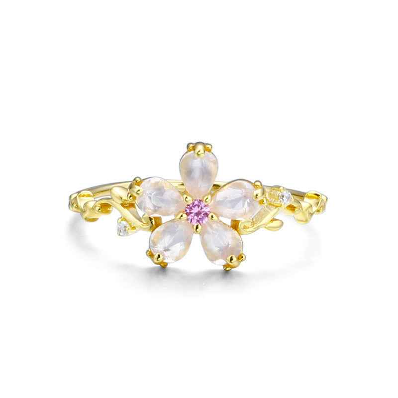 New S925 Sterling Silver Pink Crystal Ring with Gold Plated Flower Design