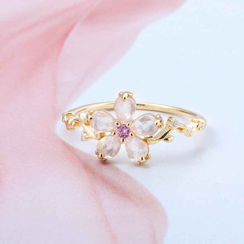 New S925 Sterling Silver Pink Crystal Ring with Gold Plated Flower Design