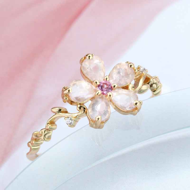 New S925 Sterling Silver Pink Crystal Ring with Gold Plated Flower Design