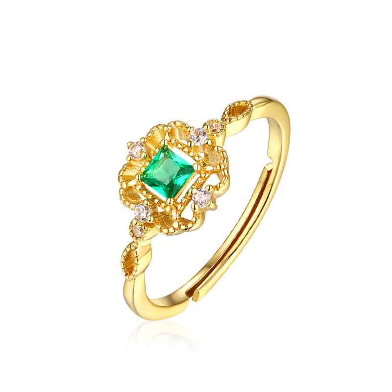 Classical Vintage Gemstone Ring in Adjustable 925 Sterling Silver with Gold Inlay | Timeless Jewelry Gift for Women