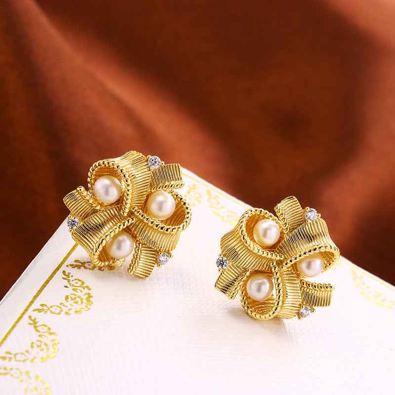 French Ribbon Pearl Earrings - Vintage Windmill Design in 925 Sterling Silver with Freshwater Pearls