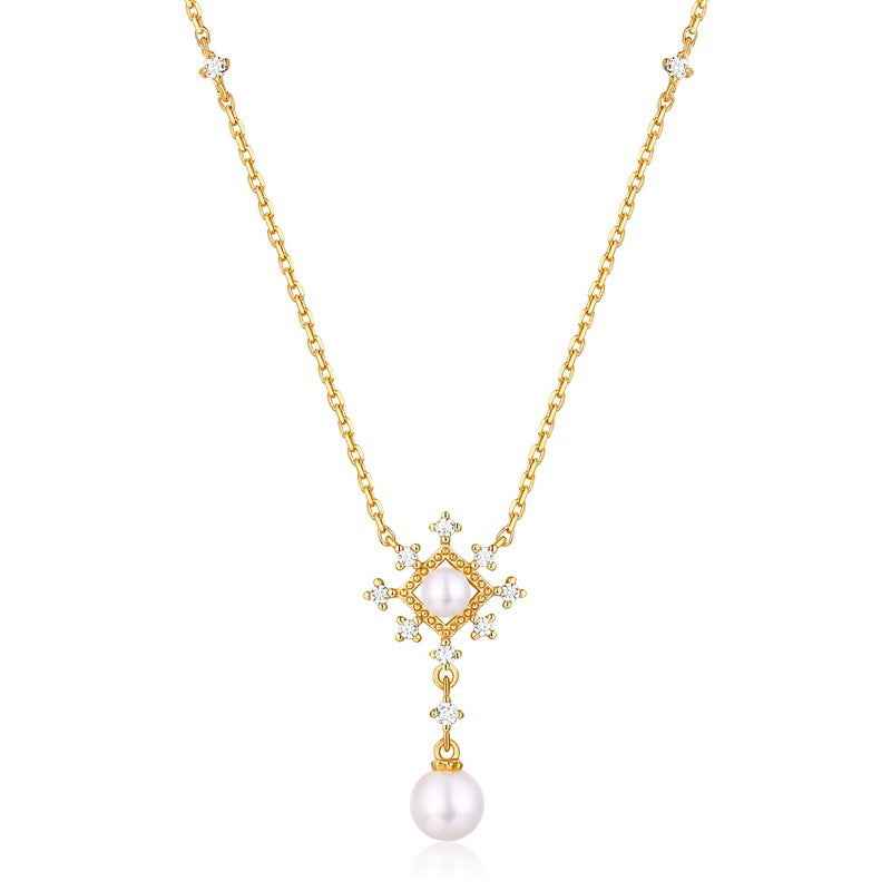 Vintage Snowflake Pearl Necklace in Sterling Silver with Freshwater Pearl and Adjustable Clavicle Chain