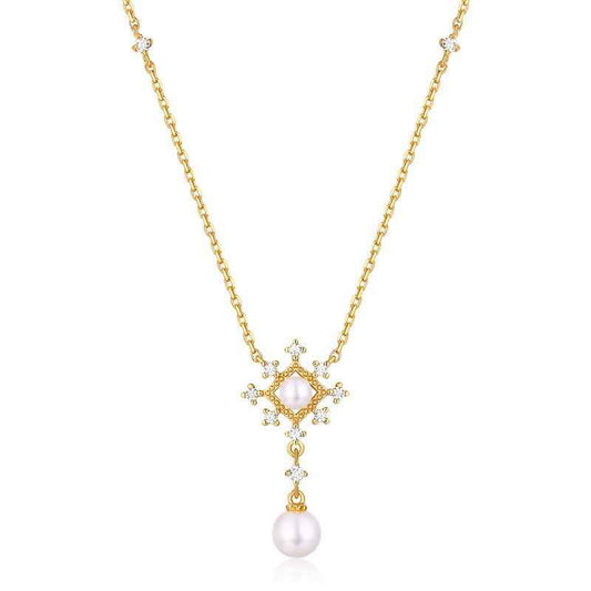 Vintage Snowflake Pearl Necklace in Sterling Silver with Freshwater Pearl and Adjustable Clavicle Chain