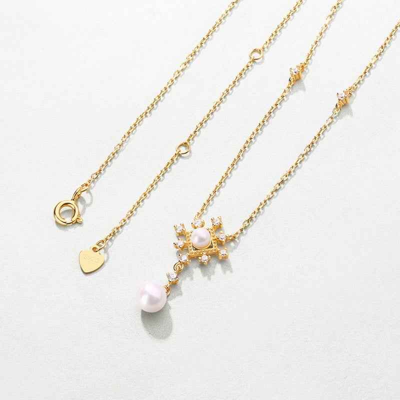 Vintage Snowflake Pearl Necklace in Sterling Silver with Freshwater Pearl and Adjustable Clavicle Chain