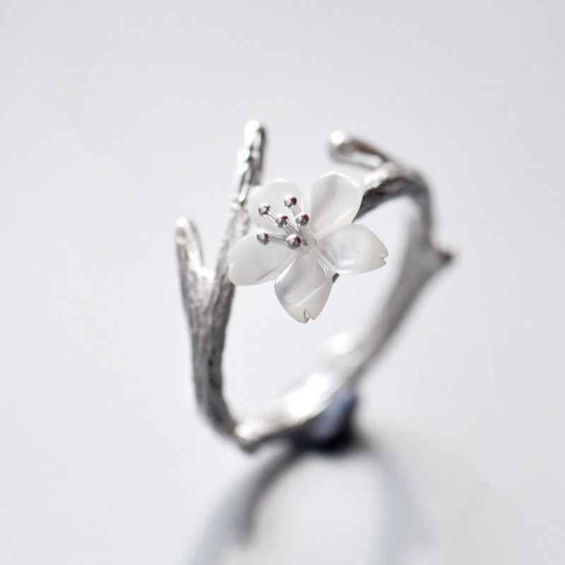 Cherry Blossom Flower Ring - Adjustable Silver-Plated Mixed Metal with Natural Shell Accent in Korean Fashion