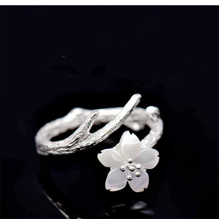 Cherry Blossom Flower Ring - Adjustable Silver-Plated Mixed Metal with Natural Shell Accent in Korean Fashion