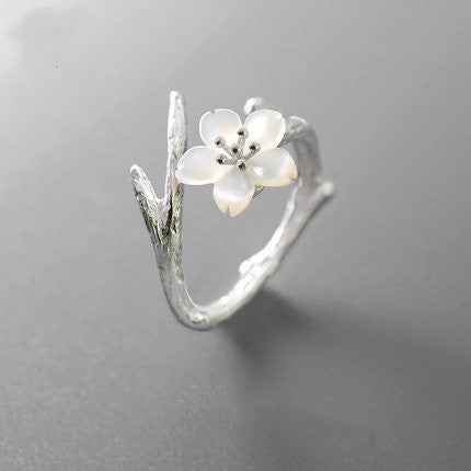 Cherry Blossom Flower Ring - Adjustable Silver-Plated Mixed Metal with Natural Shell Accent in Korean Fashion