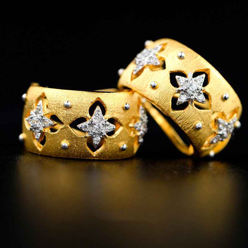 Hollow Four Leaf Clover Earrings - Gold Plated S925 Sterling Silver with Genuine Zircon and Delicate Brushed Finish