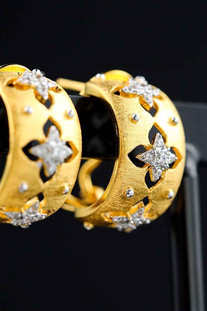 Hollow Four Leaf Clover Earrings - Gold Plated S925 Sterling Silver with Genuine Zircon and Delicate Brushed Finish