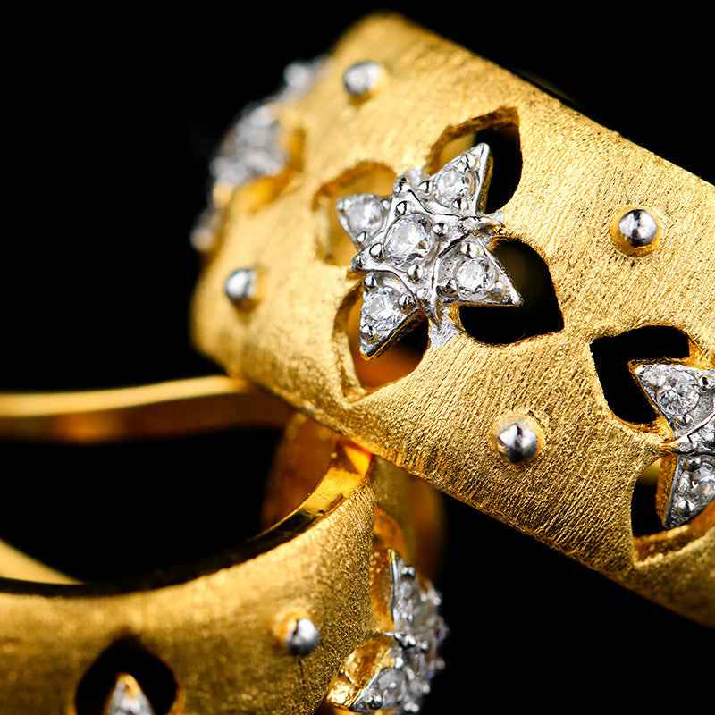 Hollow Four Leaf Clover Earrings - Gold Plated S925 Sterling Silver with Genuine Zircon and Delicate Brushed Finish