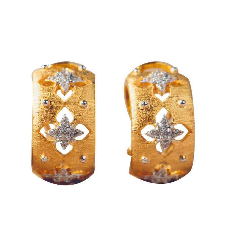 Hollow Four Leaf Clover Earrings - Gold Plated S925 Sterling Silver with Genuine Zircon and Delicate Brushed Finish