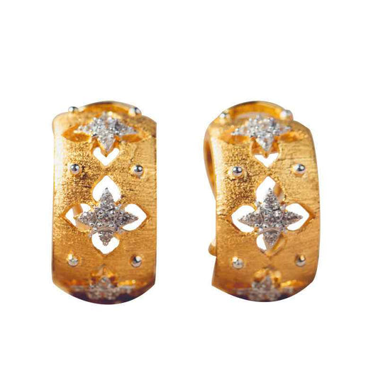 Hollow Four Leaf Clover Earrings - Gold Plated S925 Sterling Silver with Genuine Zircon and Delicate Brushed Finish