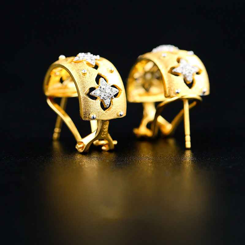 Hollow Four Leaf Clover Earrings - Gold Plated S925 Sterling Silver with Genuine Zircon and Delicate Brushed Finish