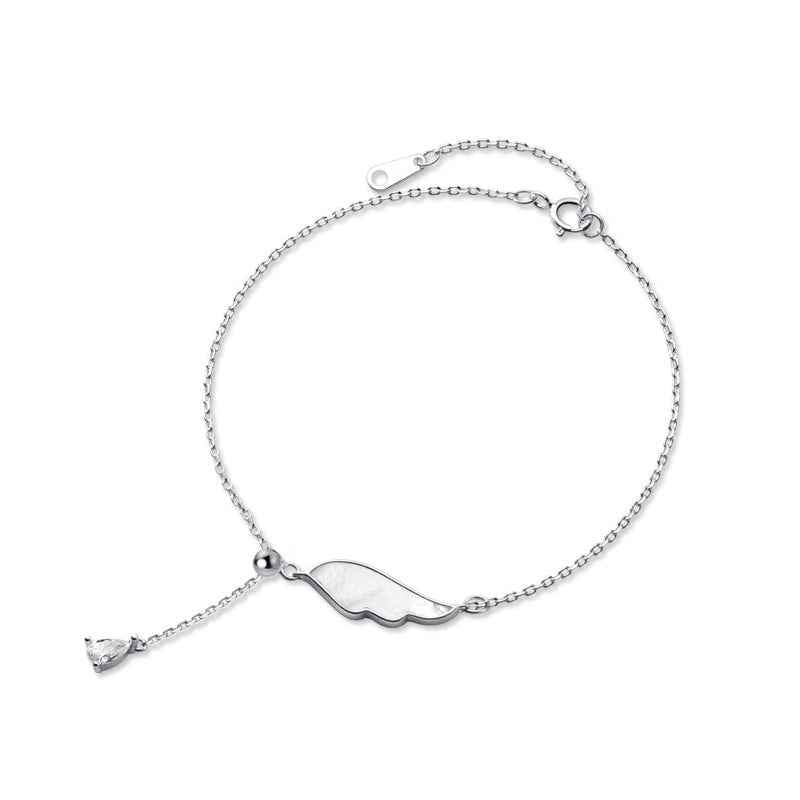 Fine S925 Sterling Silver Bracelet with Light Beads, White Shell, Wings & Tassel in Silver or Gold Finish