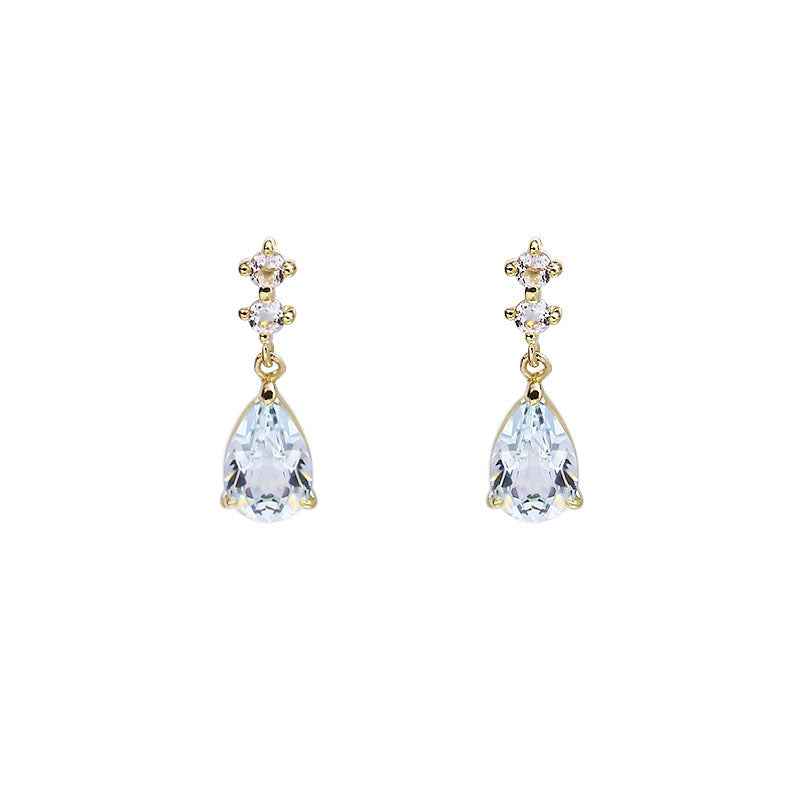 9K Gold Aquamarine Earrings with White Topaz - Elegant Teardrop Drop Studs
