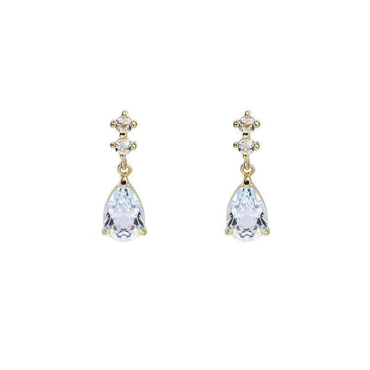 9K Gold Aquamarine Earrings with White Topaz - Elegant Teardrop Drop Studs