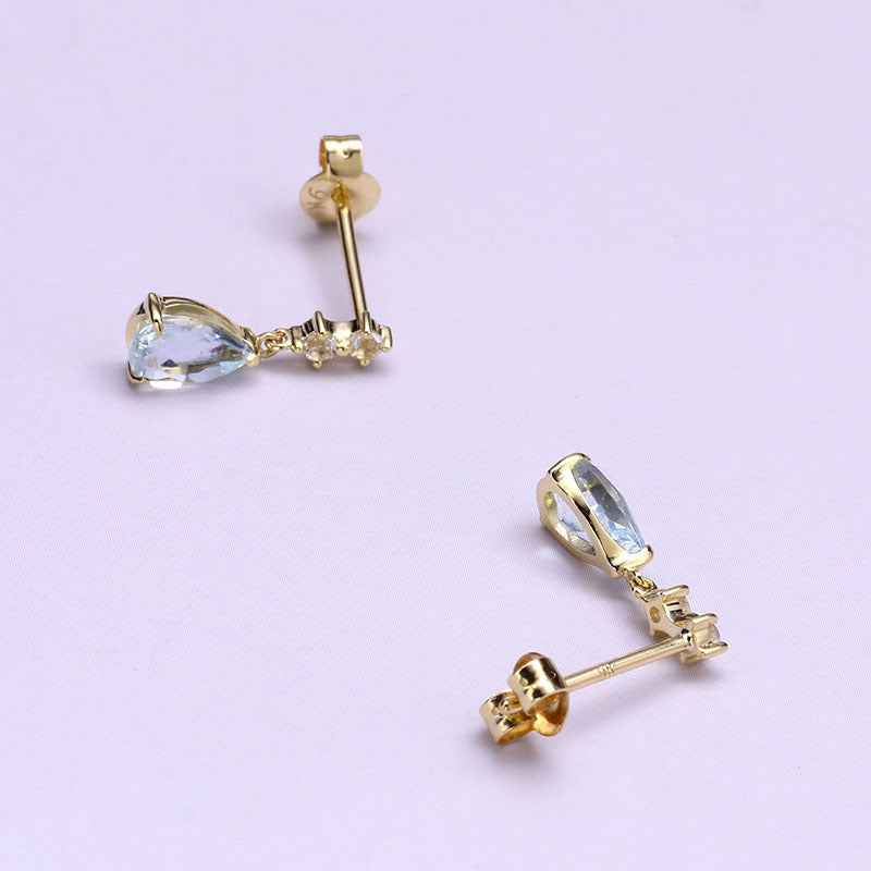 9K Gold Aquamarine Earrings with White Topaz - Elegant Teardrop Drop Studs