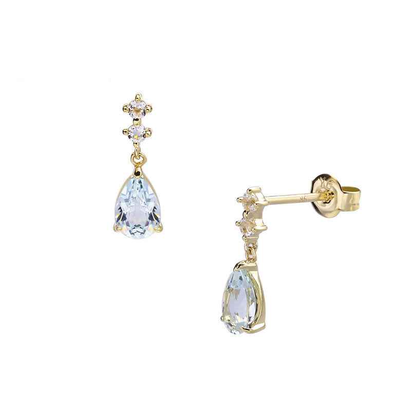 9K Gold Aquamarine Earrings with White Topaz - Elegant Teardrop Drop Studs