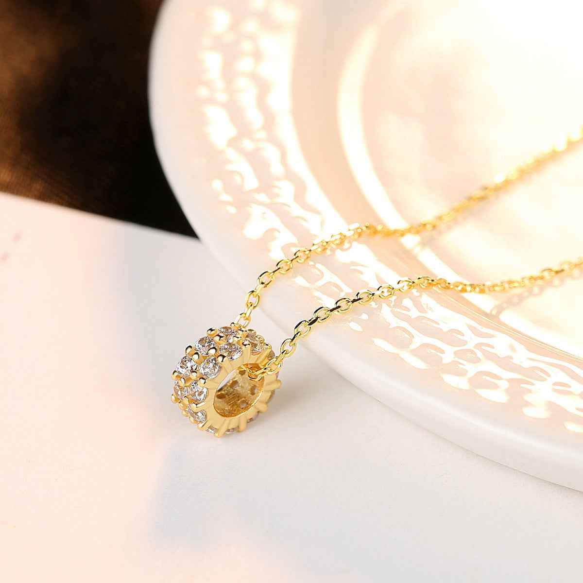 18k Gold Plated Crystal Necklace with Pave Crystal Barrel Pendant