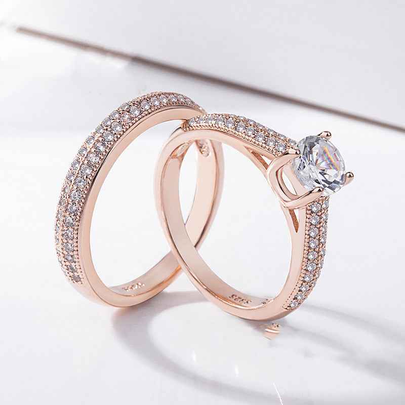 Simulation Diamond Couple Ring Set - Geometric Rose Gold & Platinum Bands for Women | European & American Style Jewelry