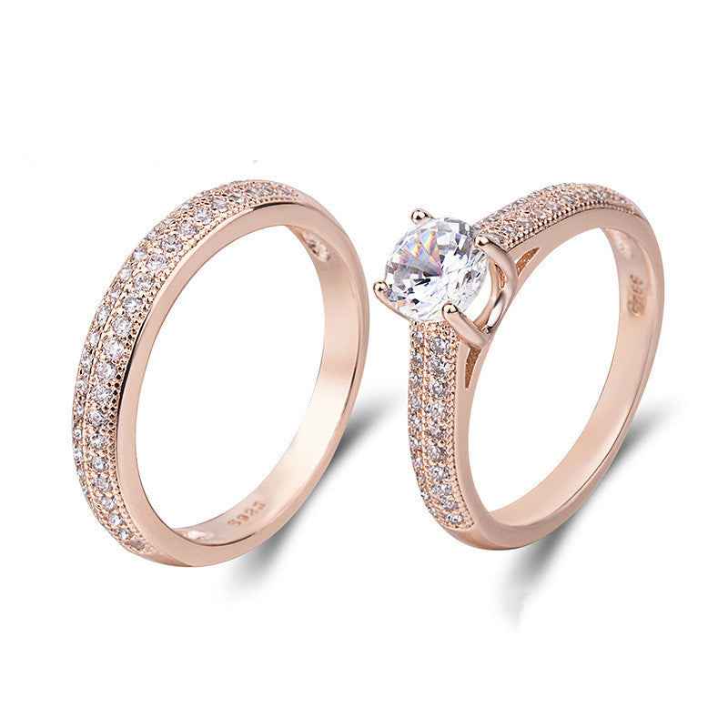 Simulation Diamond Couple Ring Set - Geometric Rose Gold & Platinum Bands for Women | European & American Style Jewelry