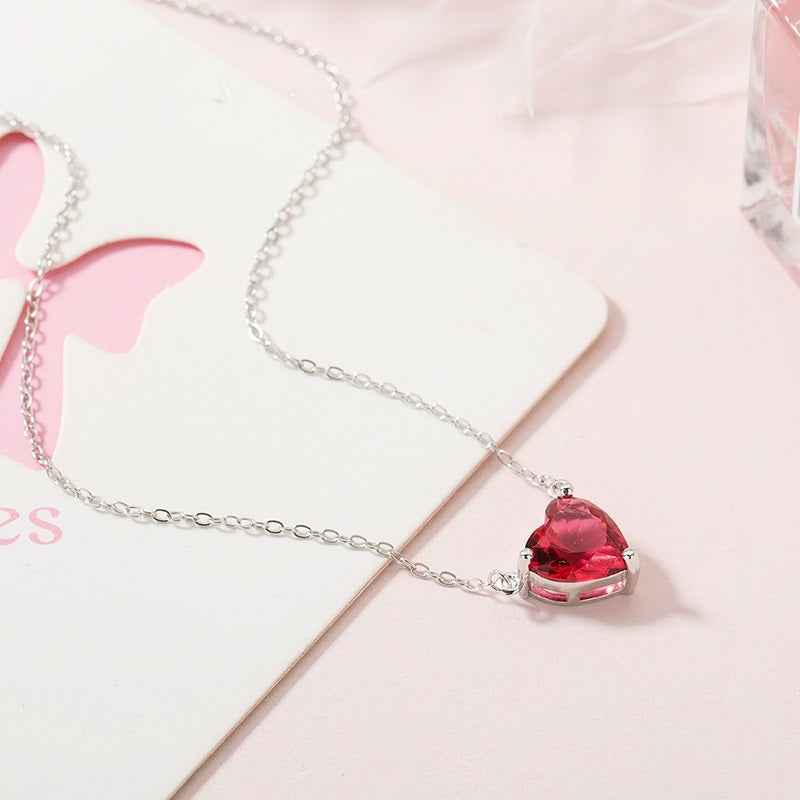 Red Crystal Heart Choker Necklace | S925 Sterling Silver Dainty Wedding Jewelry